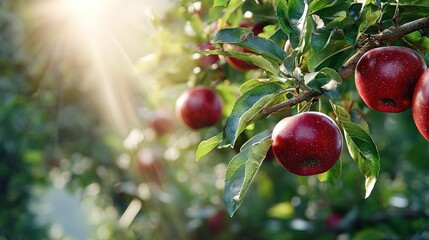Close up view of ripe red apples hanging on a branch of an apple tree under bright sunrays Green leaves surround the fruit with a blurred orchard background