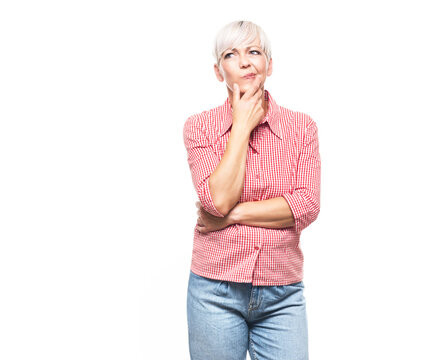 Skeptical woman thinking. Ask. Thoughtfully middle aged woman with confusion face expression, isolated on white background. Copy space. Decided female person.