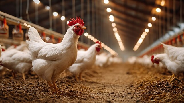 A close up view of a white chicken standing on soiled ground inside a large poultry farm barn Numerous other chickens are visible in the blurred background with rows of bright ceiling