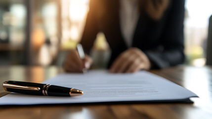 Business professional signing a contract with elegant pen on desk, focusing on legal documents, symbolizing agreement and commitment. Formal setting.