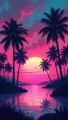 Obraz premium Retro style background illustration. Pink sunset reflects in ocean. Palm trees in foreground. Concept for summer vacation travel agency banner modern neon cyberpunk poster template design. Retrowave