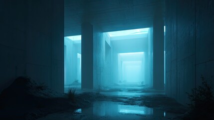 Mysterious dimly lit concrete corridor with neon blue light at the end, creating an eerie ambiance for a sci fi movie background.