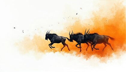 Fototapeta premium Herd of black wildebeest running fast. Animals move in orange mist. African savanna wildlife in nature. Birds fly in sky, silhouettes of gnus run. Dynamic illustration, artistic painting style.