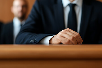 Obraz premium Close-up of a business professional's hand resting on a desk in a serious setting. A blurred figure in a suit is in the background, conveying focus and anticipation.