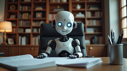 Friendly white humanoid robot with bright blue eyes sitting at an office desk, ready for work in a cozy library setting.