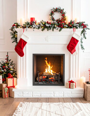 Bright Christmas living room with white fireplace, red stocking, garland, candle, and wrapped gift. Cheerful festive holiday atmosphere with cozy firelight.