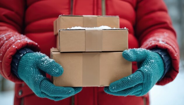 Person carries carton boxes in winter. Courier holds cardboard packages in gloves. Delivery man delivers parcels in cold weather. Online order shipping during Christmas holidays time. Express