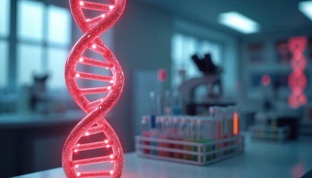 Red glowing DNA double helix prominent in science lab setting. Genetic research tools like test tubes, microscope visible. Concept of human genome study, disease, bio tech, medical discovery, biology.