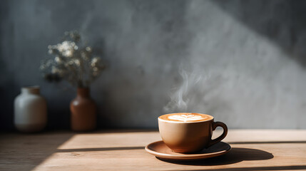 Steaming latte art coffee cup on a wooden table with soft sunlight