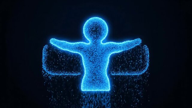 Abstract human figure glowing with blue particles, symbolizing energy and connection.