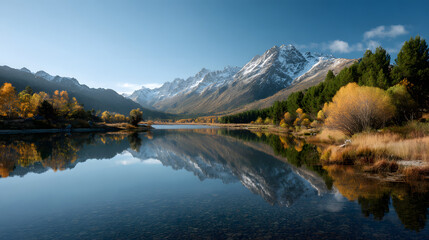 Scenic mountain landscape with lake and reflections under a clear blue sky
