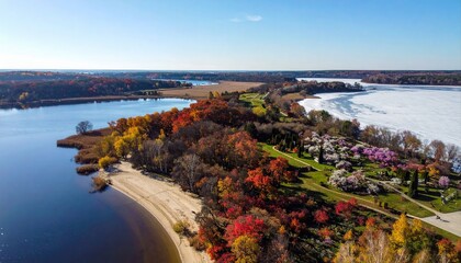 Stunning aerial view of vibrant autumn foliage surrounding a tranquil lake and partially frozen expanse under a clear blue sky, showcasing nature's breathtaking seasonal transition.