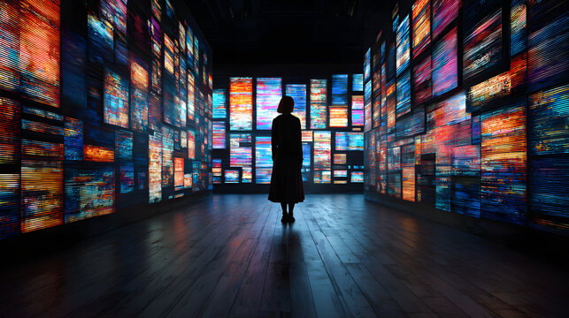 Interactive LED panel digital art light installation immersive gallery modern exhibition neon glow abstract pattern silhouette visitor serene