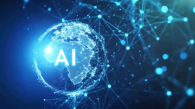 Abstract representation of artificial intelligence ai with a glowing globe and digital network connections 4k video - Powered by Adobe