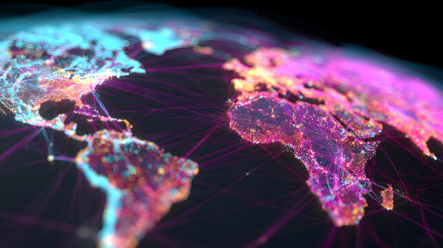 Abstract world map with glowing connections and data visualization - Powered by Adobe