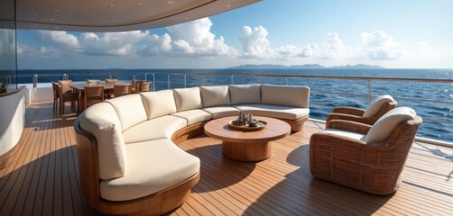 Exterior sundeck lounge zone with luxury furniture on super yacht. Modern sea vessel with teak deck under clear blue sky. Ocean cruise on summer vacation. Relaxing travel style.