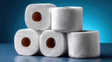 Quality Bathroom Tissue Rolls Stacked Neatly Against a Blue Background in a Clean Setting