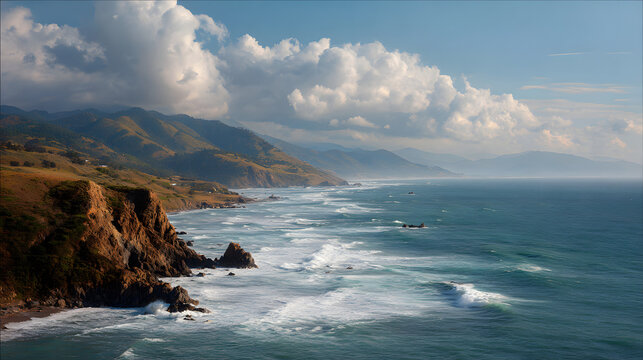 Scenic coastal view with mountains, ocean waves, and dramatic clouds - Powered by Adobe