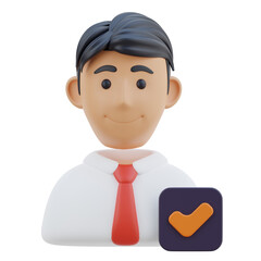 3D Male Cartoon Character Wearing White Shirt Red Tie And Red Check Mark Icon Against Transparent Background