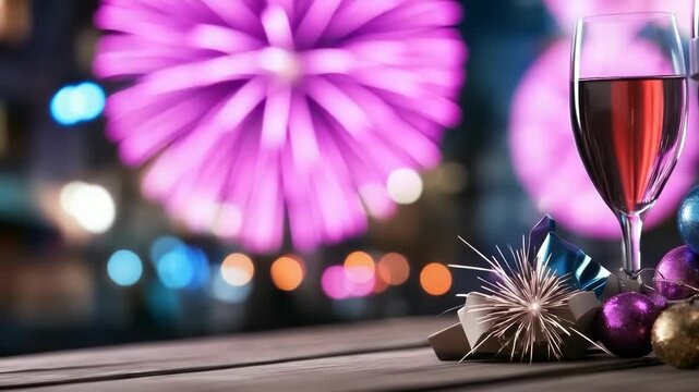 Glass of wine, bottle with 2026 label, christmas tree balls, sparklers and gift boxes celebrating new year's eve with fireworks exploding in the background