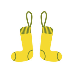 Childlike cartoon-style pair of cozy Xmas socks with gifts and decorations, playful festive clipart.