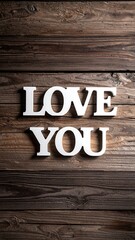 White letters spelling "LOVE YOU" on a rustic wooden background