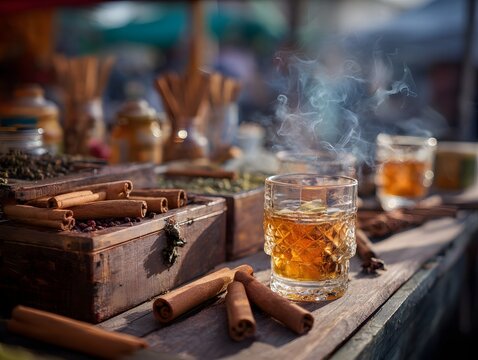 A steaming glass of spiced amber drink garnished with cinnamon sticks and herbs on a rustic market stall