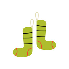 Childlike cartoon-style pair of cozy Xmas socks with gifts and decorations, playful festive clipart.