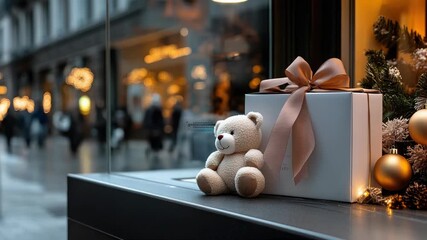 Christmas window display featuring plush teddy bear, wrapped gift box near sparkling ornaments and twinkling lights, evoking warm holiday shopping ambiance in stylish boutique - Powered by Adobe