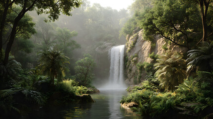 Lush tropical waterfall cascading into a serene pool of water surrounded by vibrant greenery