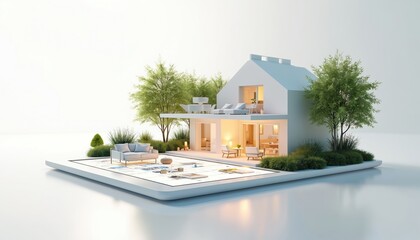 Modern house with design on interactive pad. Tablet showcases floor plan. Exterior with trees and garden with plants. Real estate project planning using smart devices for visualization.