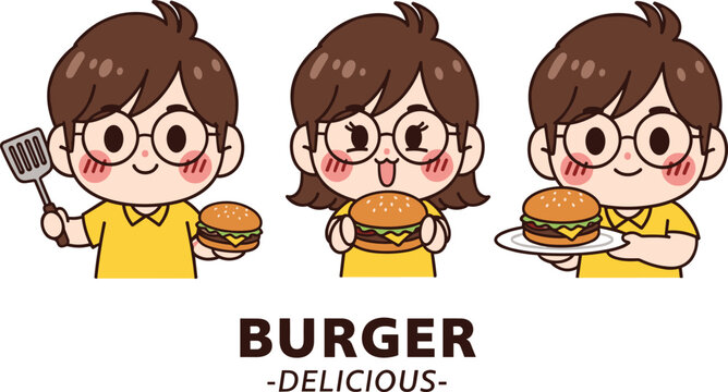 Cartoon burger characters, food mascot, red uniform, glasses, spatula, flames, megaphone, smiling, vector, illustration, cooking, grilling, delicious, branding, promotional, fast food, exn