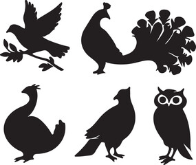 Collection of Six Bird Silhouettes on White Background