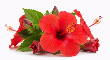 Fototapeta premium Vibrant Red Hibiscus Flowers with Green Leaves and Buds Isolated on a White Background