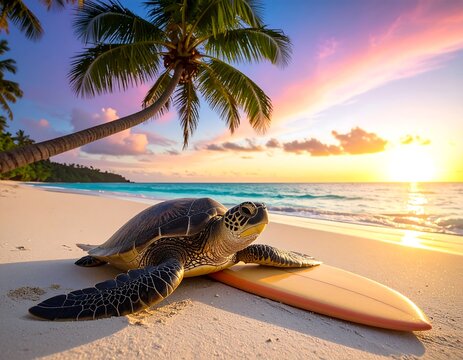 Turtle on surfboard at tropical sunset beach - Powered by Adobe