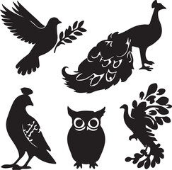 Five Bird Silhouettes Including Peacock and Owl dove
