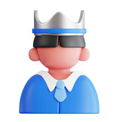 Stylized 3D Character Head and Shoulders Portrait Wearing a Blue Suit Silver Crown and Tie with a White Collar Isolated on Transparent Background