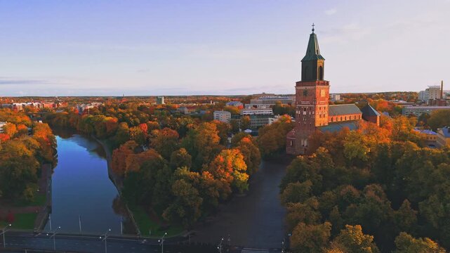 Turku, Finland &ndash; Aerial View of Aurajoki River and Turku Cathedral in Autumn