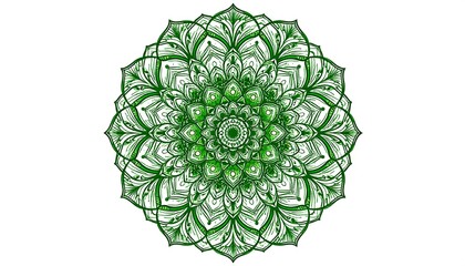A symmetrical and detailed floral pattern rendered in shades of green against a white backdrop, resembling a stylized flower