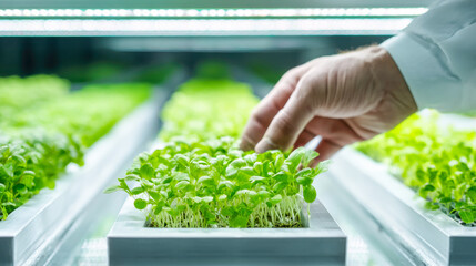 Human hands tending to healthy microgreens in a lab setting focused on sustainable growth