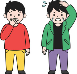 Cartoon characters showing emotional reactions, worried expressions, anxiety, panic, stress, fear, concern, mental health, sadness, gesture illustration, vector art