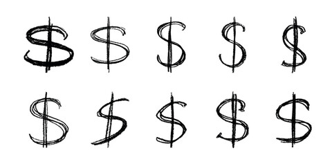 Obraz premium Set of hand drawn dollar currency symbol. Brush stroke doodle. Single element for design