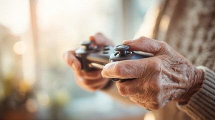 Seniors engage in VR interaction with hands holding a gaming controller during an afternoon session
