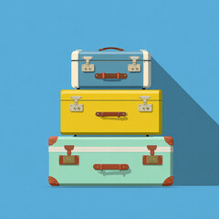 A stack of colorful vintage suitcases and with leather straps and metal latches, set against a minimal blue background.