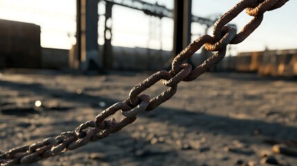 Weathered chain link detail, highlighting texture and industrial feel. Metal links show age and history. Sunlight highlights the rusted surface.