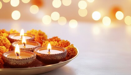 Lit Diya Oil Lamps and Marigold Flowers in a Puja Thali, with Warm Festive Bokeh Background