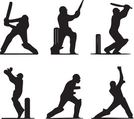 Six Cricket Player Silhouettes in Action Poses cricket bat