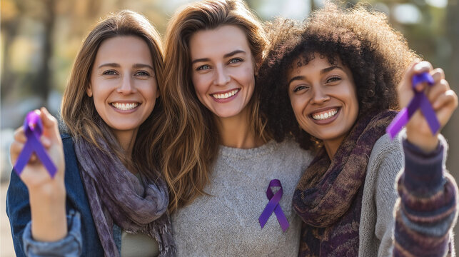 Three women smiling and holding purple ribbons for International Women's Day  