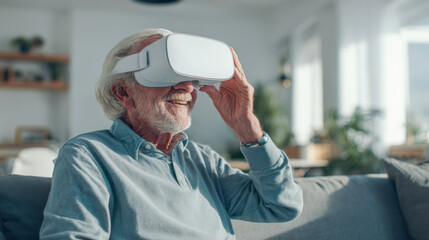 Elderly man enjoying virtual reality at home for entertainment and engagement