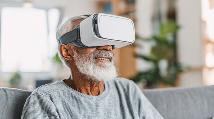 Elderly man enjoys virtual reality experience at home in cozy living space